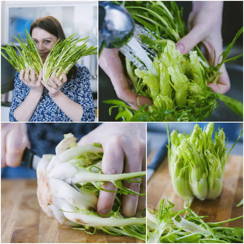 Pulizia delle puntarelle: lavaggio sotto l'acqua corrente e separazione dei germogli interni
