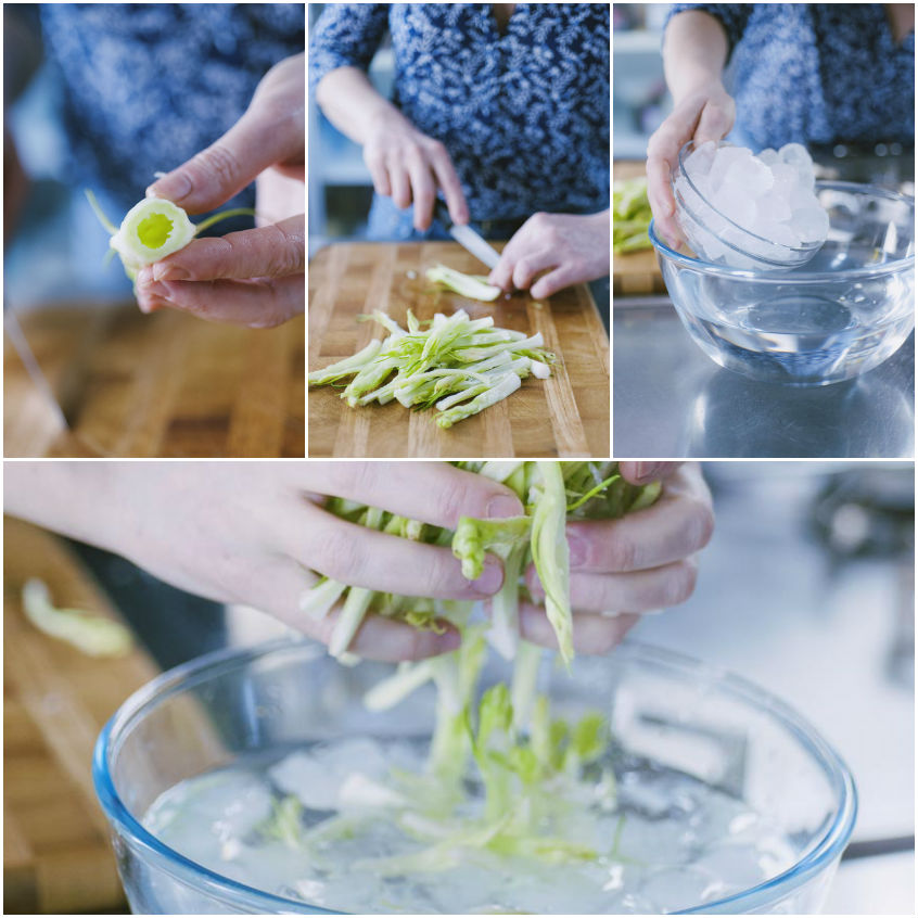 Listarelle di puntarelle tagliate a coltello e immerse in acqua ghiacciata per farle arricciare