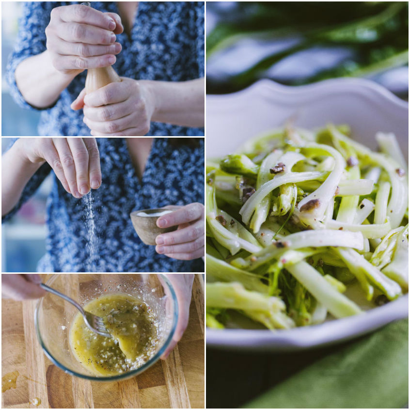 Puntarelle condite con emulsione di acciughe mescolata a parte con sale e pepe