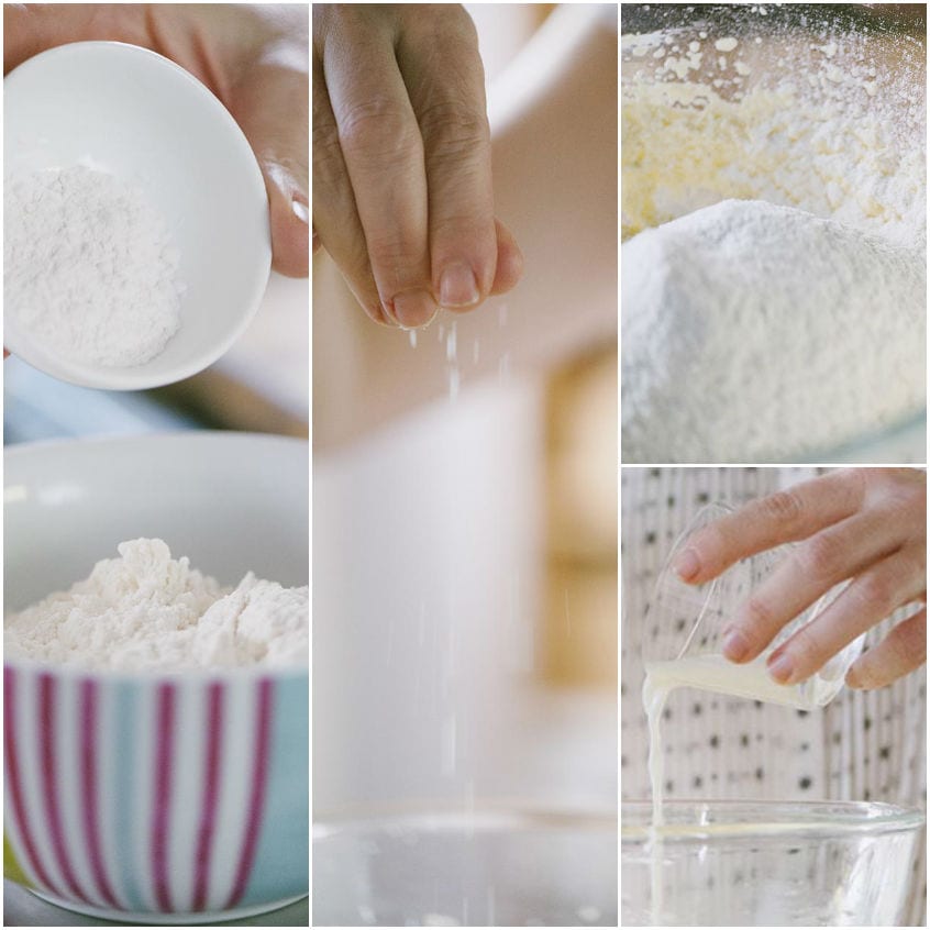 Farina setacciata a pioggia mentre il latte viene versato nell'impasto per i muffin