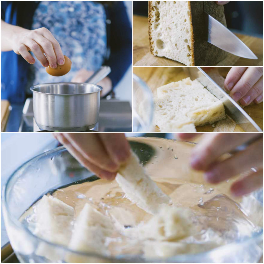 Fette di pane ammollate in acqua in una ciotola, mentre un uovo viene calato in un pentolino