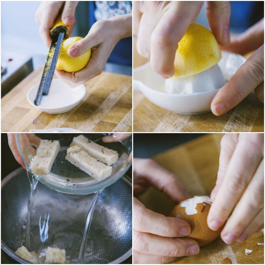 Scorza di limone grattugiata, limone spremuto, pane strizzato e uovo sodo sgusciato per la salsa verde