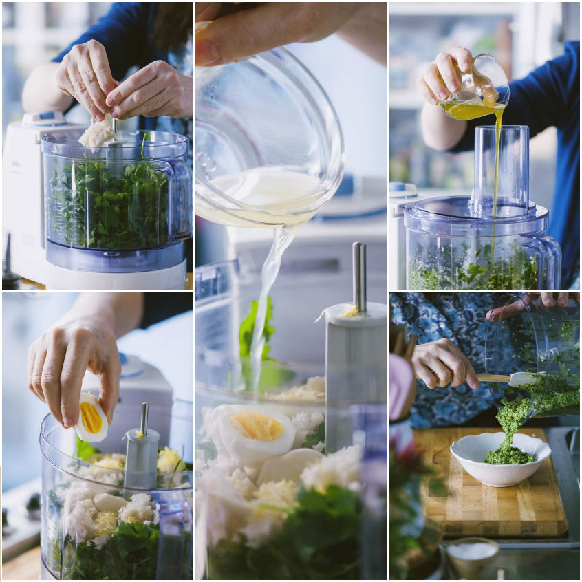 Preparazione della salsa verde nel mixer con prezzemolo, uovo sodo e olio versato a filo