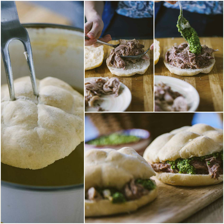 Panino col lampredotto farcito con lampredotto sfilacciato e salsa verde, pronto da servire