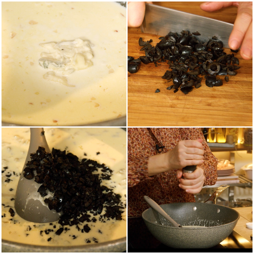 Olive nere tritate aggiunte alla crema di panna e gorgonzola, poi pepe macinato fresco