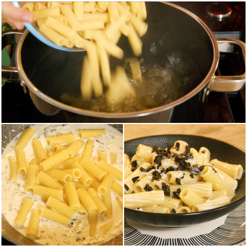 Rigatoni scolati e mantecati in padella con salsa cremosa, poi impiattati con olive tritate