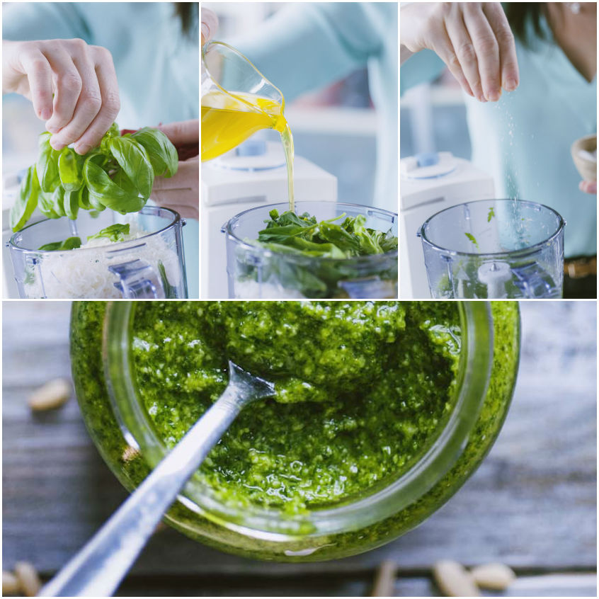 Basilico e olio versati nel mixer, poi il pesto di rucola mescolato in ciotola
