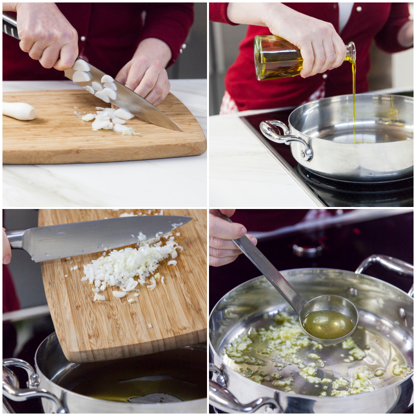 Cipolla tritata sul tagliere, poi rosolata in padella con olio e brodo