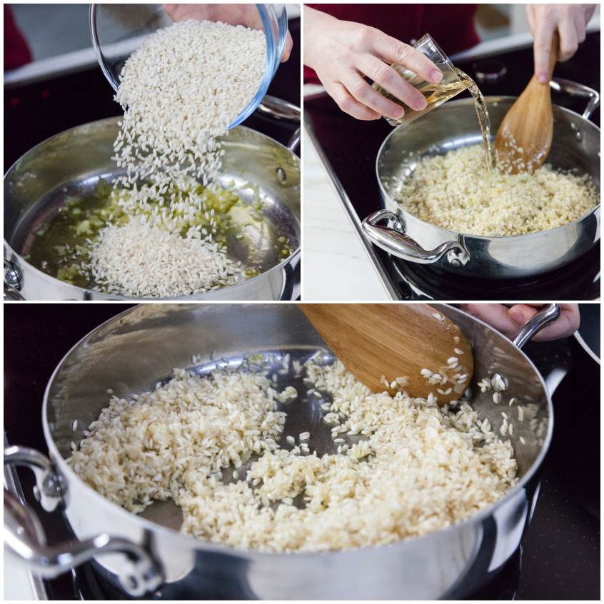 Riso versato in padella per la tostatura, poi sfumato con vino bianco e mescolato con cucchiaio di legno