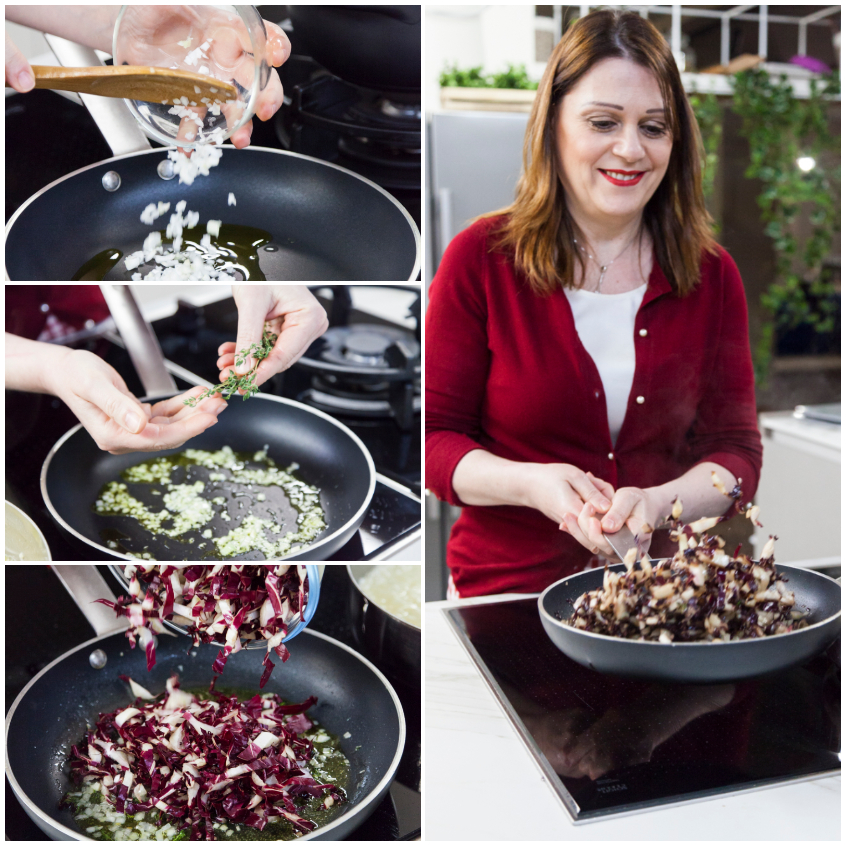 Radicchio tagliato a julienne versato in padella con cipolla soffritto e timo fresco