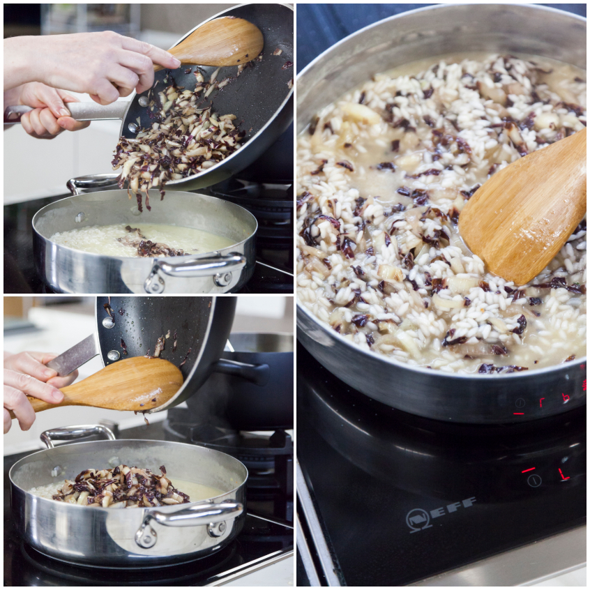 Radicchio saltato versato nel risotto in cottura e mescolato con cucchiaio di legno