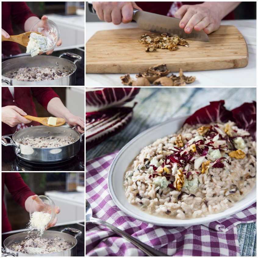 Collage di passaggi: mantecatura con gorgonzola e burro, noci tritate sul tagliere, parmigiano grattugiato e risotto al radicchio impiattato