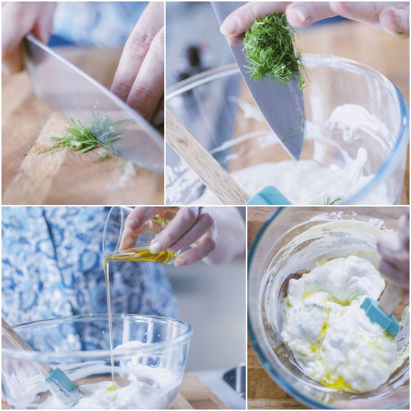 Aneto tritato aggiunto allo yogurt con un filo d'olio extravergine, mescolato per preparare il tzatziki