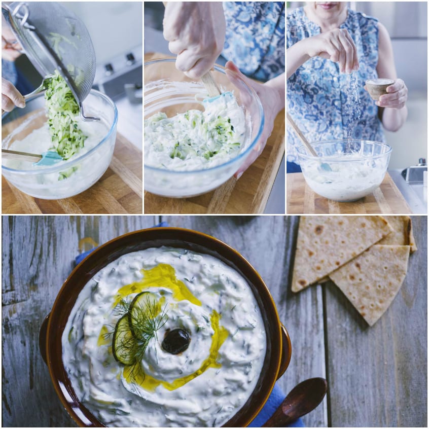 Tzatziki pronto con olio extravergine, aneto e fettine di cetriolo in superficie