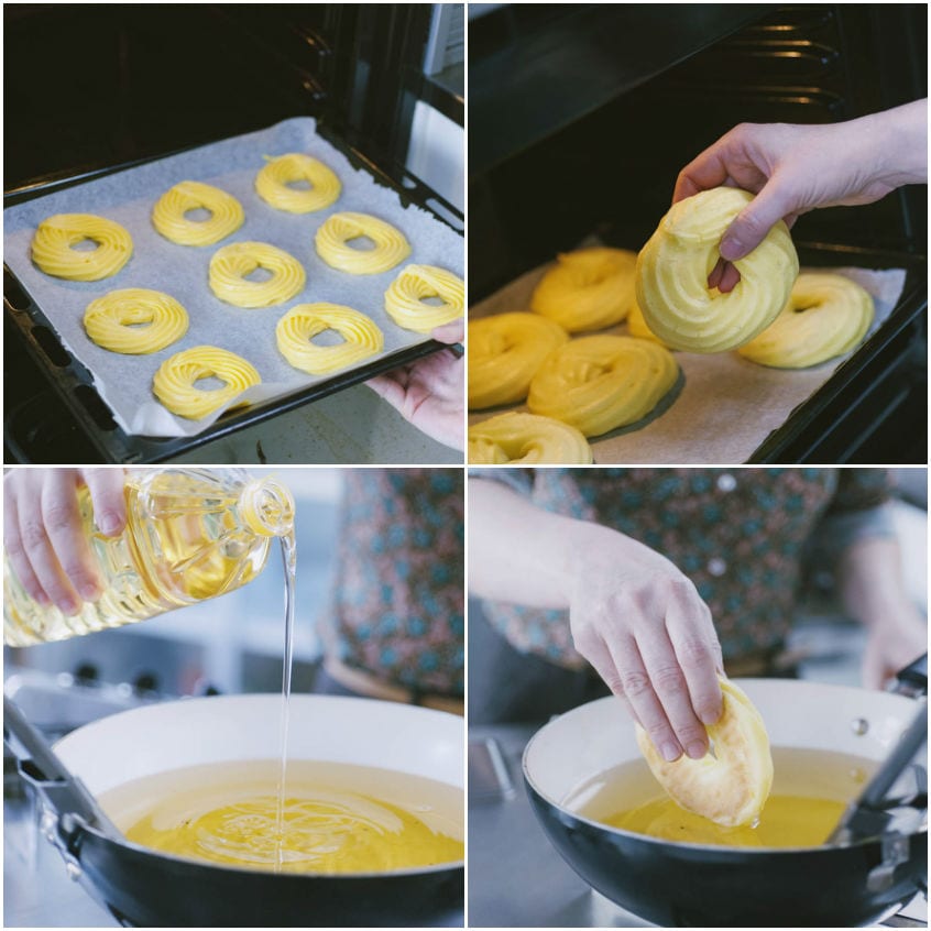 Zeppole di san giuseppe crude in teglia, poi tuffate a mano nell'olio caldo per friggere