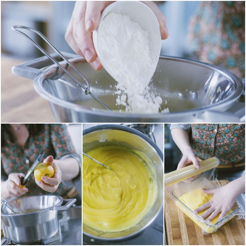 Crema pasticciera densa e gialla coperta con pellicola a contatto per raffreddarsi