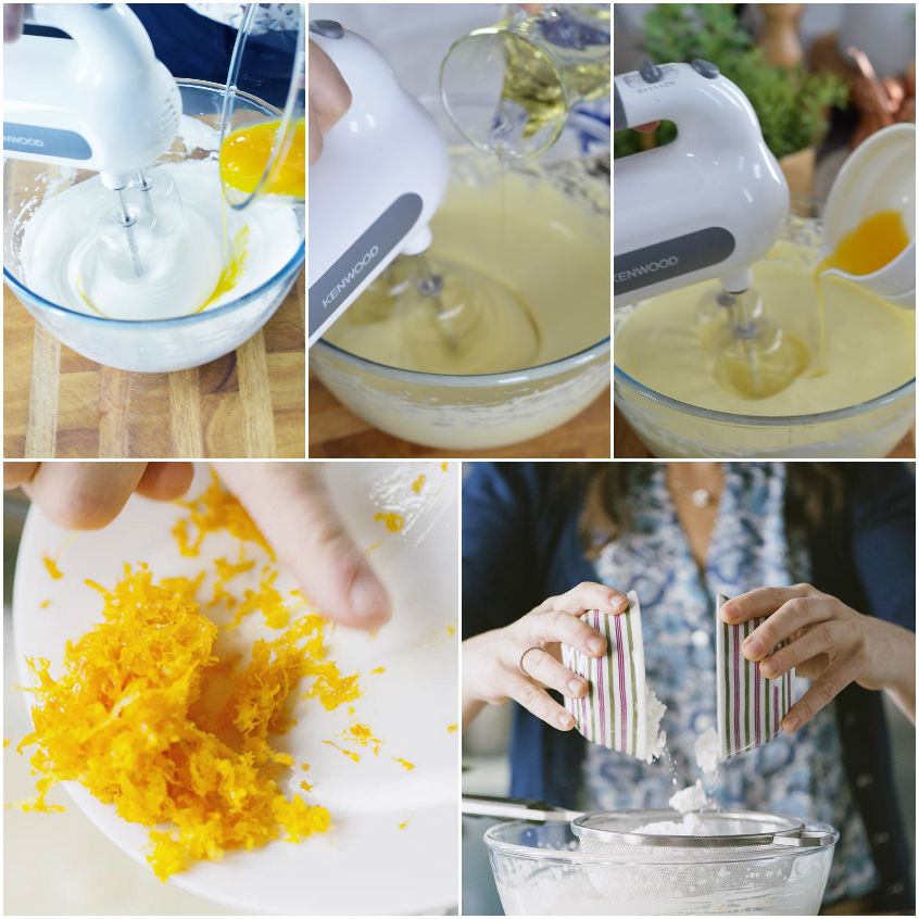 Collage di passaggi: uova montate, olio versato a filo, scorza d'arancia grattugiata e farina setacciata