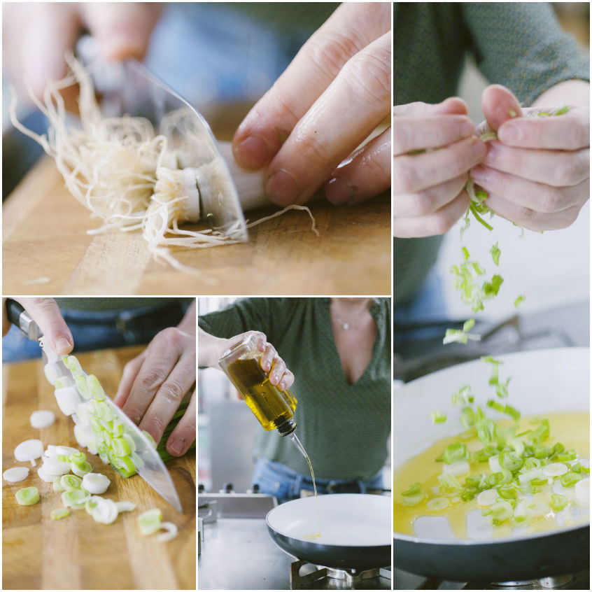 Cipollotti puliti, affettati e versati in padella con olio extravergine d'oliva