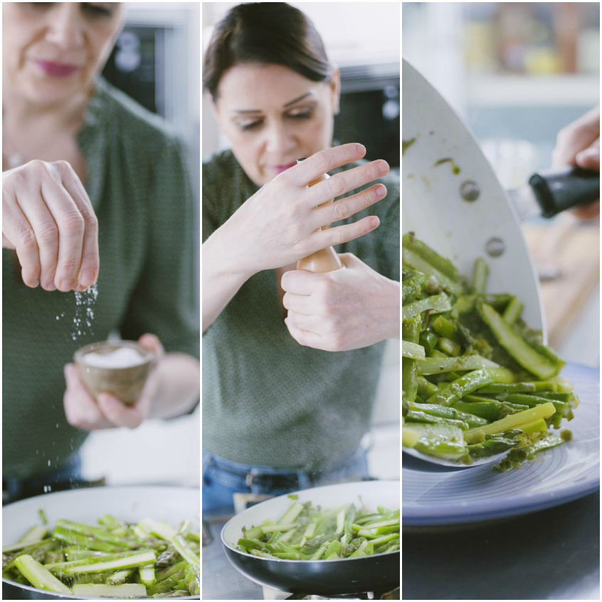 Asparagi saltati in padella conditi con sale e pepe, poi trasferiti su un piatto