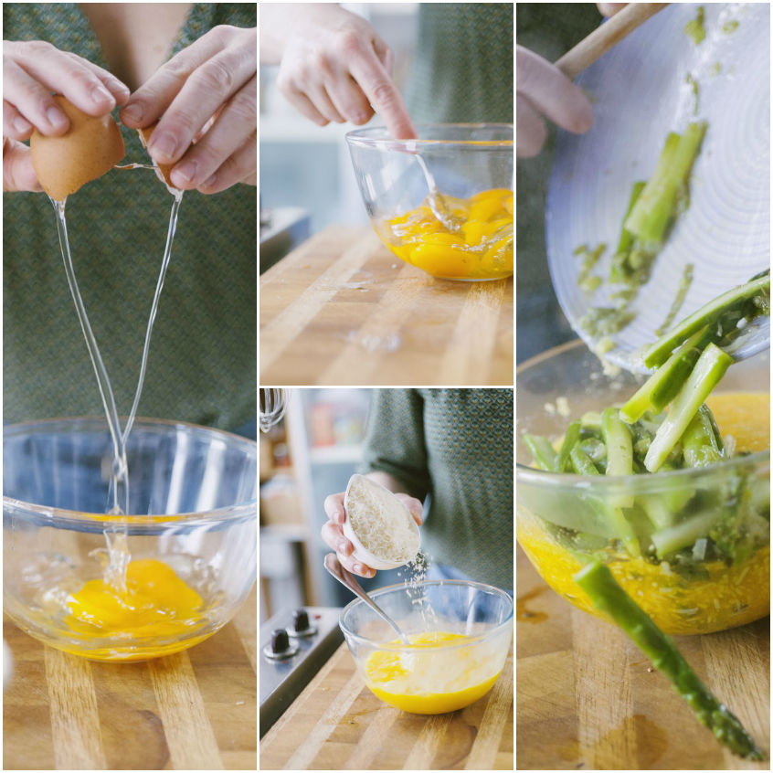 Uova rotte in una ciotola, sbattute con parmigiano e poi mescolate agli asparagi a listarelle