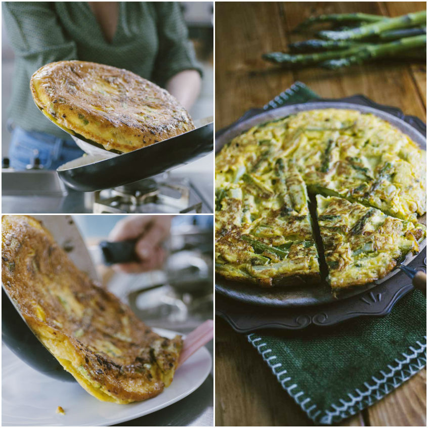Frittata agli asparagi girata in padella e poi affettata, con il ripieno verde ben visibile