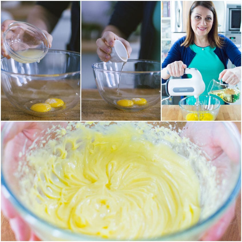Maionese emulsionata versando olio a filo mentre le fruste sbattono il composto