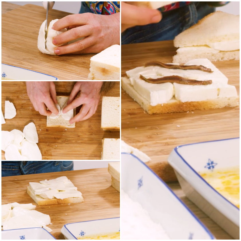 Fette spesse di mozzarella fiordilatte disposte su una fetta di pane per la mozzarella in carrozza