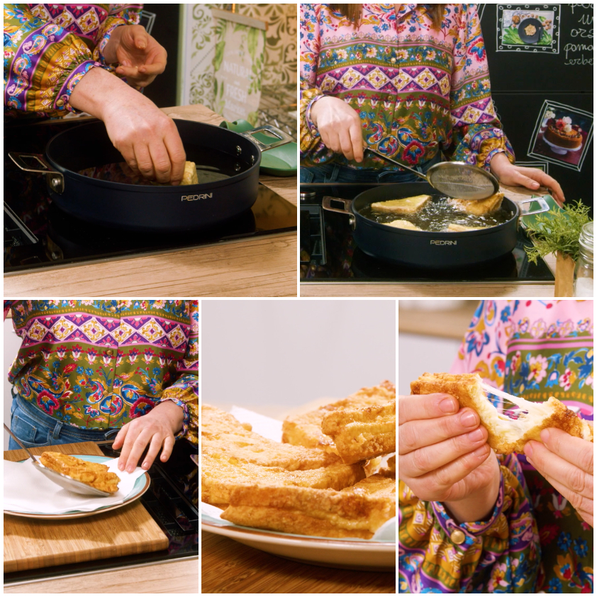 Mozzarelle in carrozza dorate che friggono in olio caldo, rigirate con una schiumarola