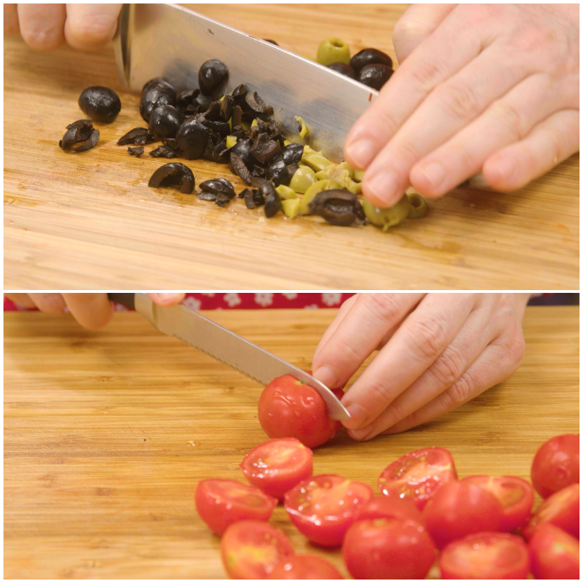 Olive e pomodori tagliati con capperi tritati al coltello sul tagliere