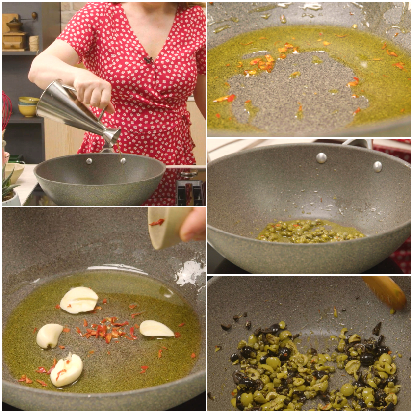Capperi, olive e origano che rosolano in padella con aglio e peperoncino