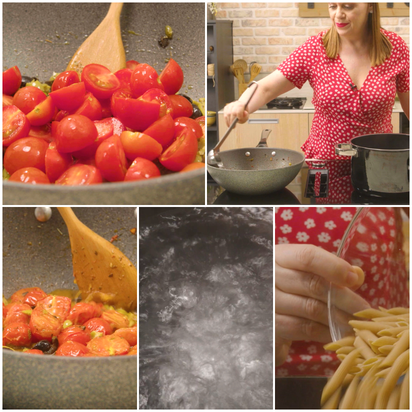 Pomodorini in padella con foglie di basilico fresco spezzettate a mano
