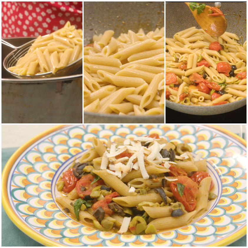 Pasta alla eoliana mantecata con ricotta al forno e foglie di basilico fresco nel piatto