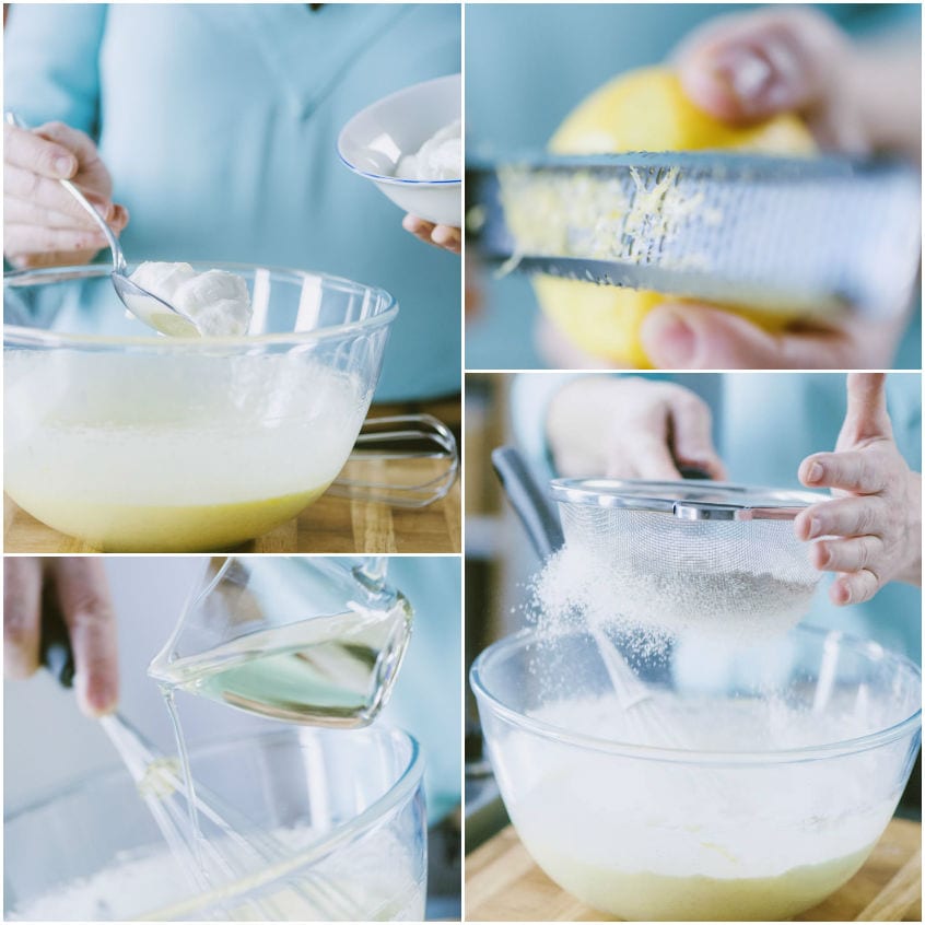 Preparazione del plumcake allo yogurt: si aggiunge yogurt, si grattugia il limone, si versa l'olio e si setaccia la farina