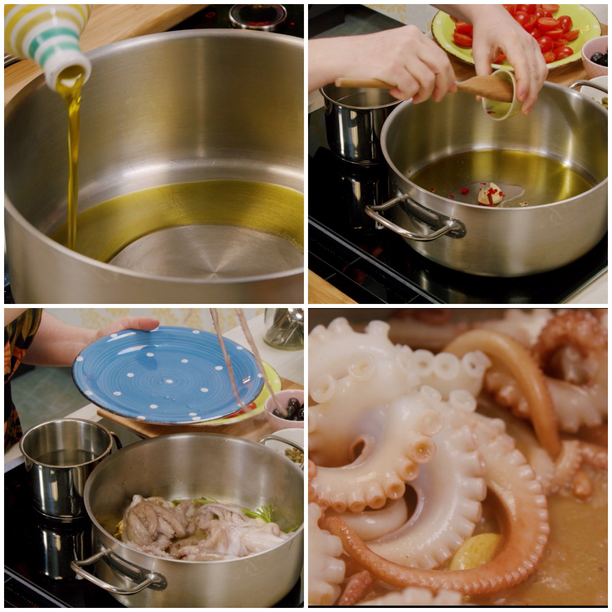 Polipetti che rosolano in padella con olio, aglio e peperoncino tritato