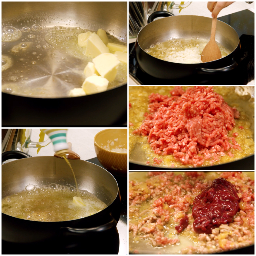 Fasi del ripieno per supplì: burro fuso, cipolla soffritta, carne trita e concentrato di pomodoro in padella