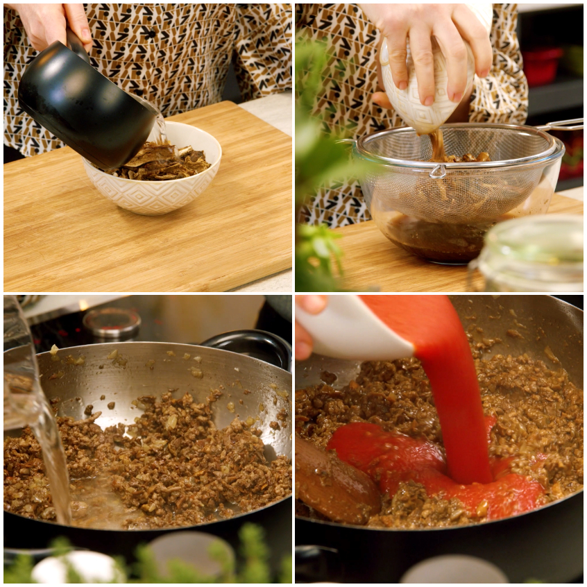 Passata di pomodoro versata sul trito di carne e funghi rosolati in padella