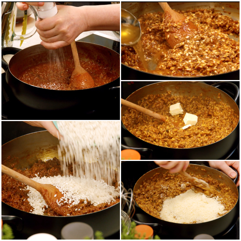 Fasi di preparazione del risotto per supplì con brodo, riso, burro e parmigiano mantecati in padella