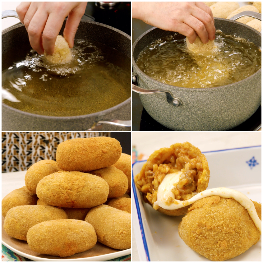 Supplì fritti nell'olio bollente fino a doratura, poi impilati e aperti per mostrare il cuore filante