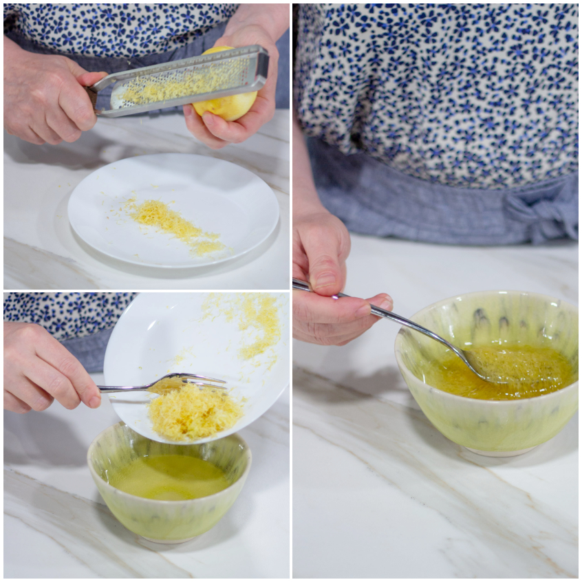 Zeste di limone grattugiate aggiunte all'olio e mescolate in una ciotola