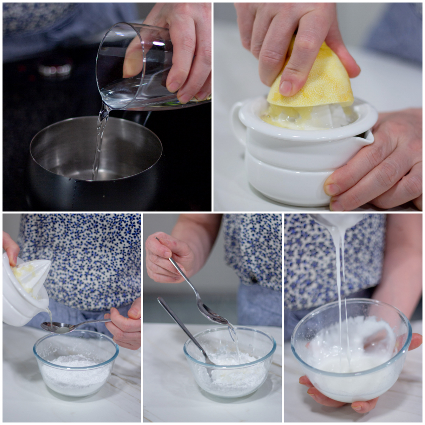 Preparazione della glassa al limone: zucchero a velo in una ciotola con succo di limone appena spremuto