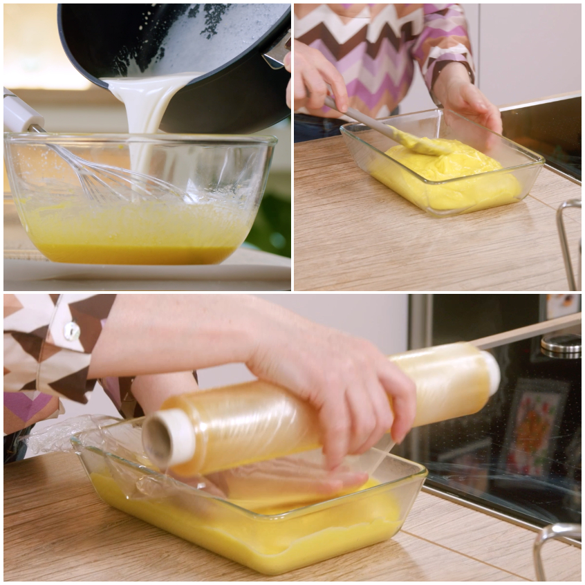 Crema pasticcera versata in teglia e coperta con pellicola a contatto per il raffreddamento