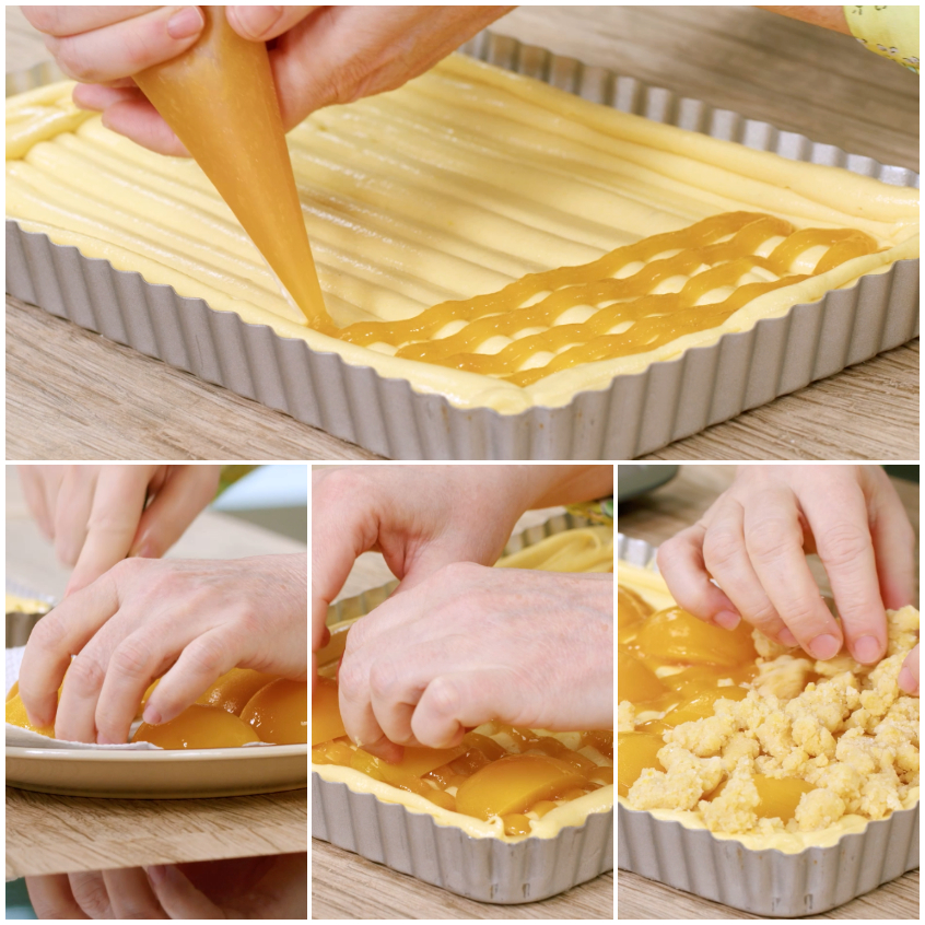 Mani distribuiscono crumble e pesche su base di frolla con confettura