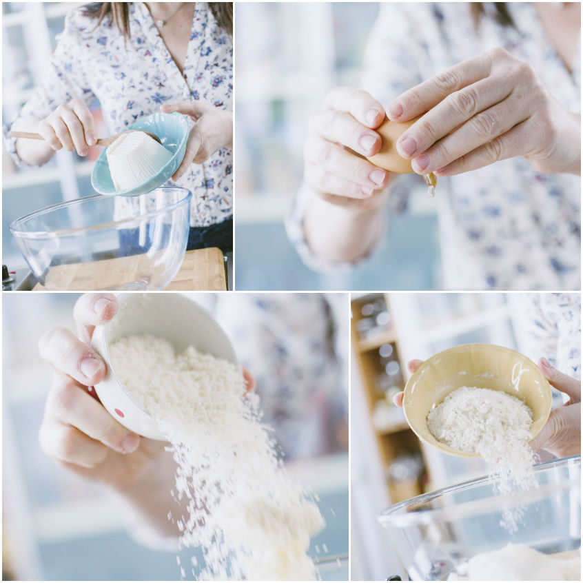 Mani che aggiungono ricotta, uovo, formaggio grattugiato e farina per l'impasto degli gnocchi