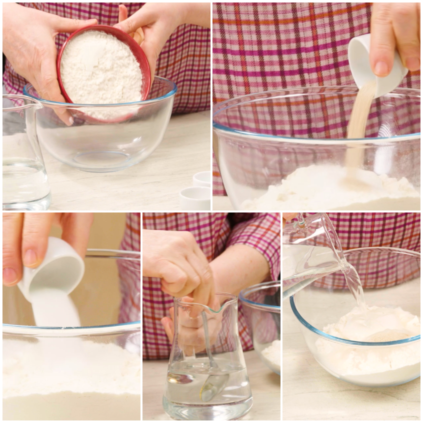 Acqua con miele versata a filo sulla farina con lievito per la biga della pizza bianca romana