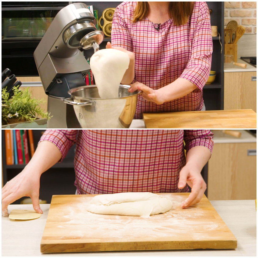 Impasto della pizza bianca romana liscio ed elastico trasferito sulla spianatoia infarinata