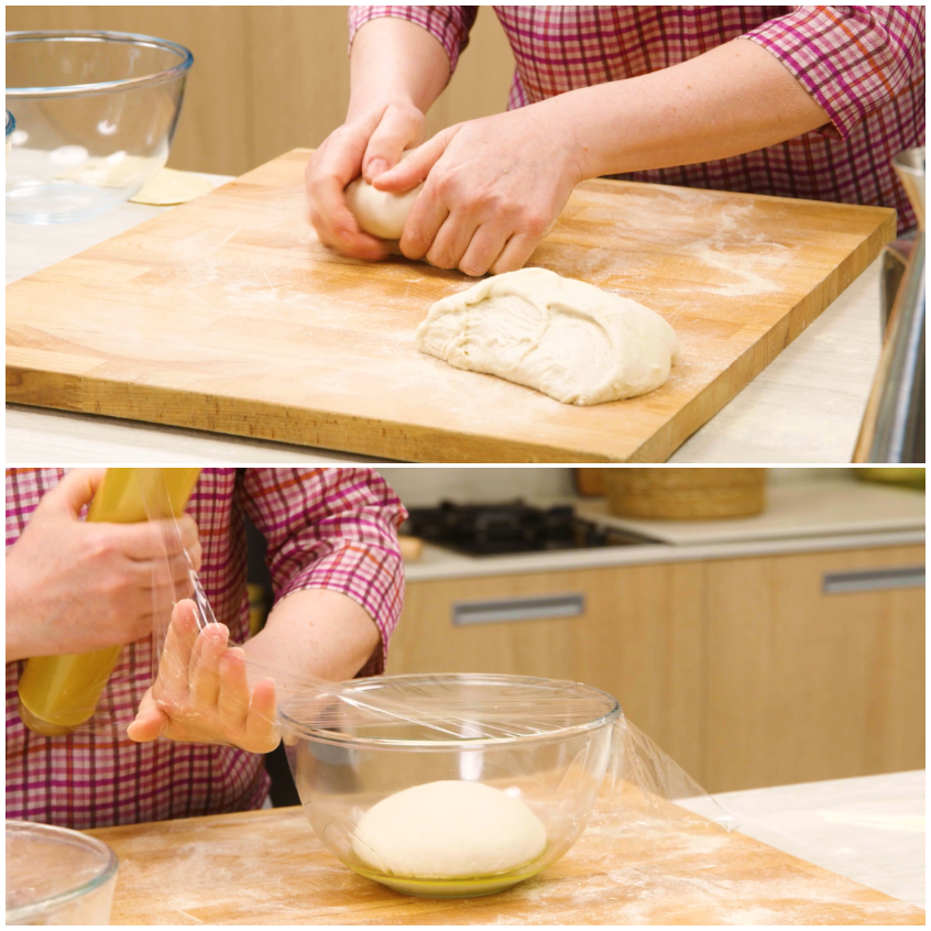 Due palline di impasto per pizza bianca romana in ciotola, coperte con pellicola trasparente