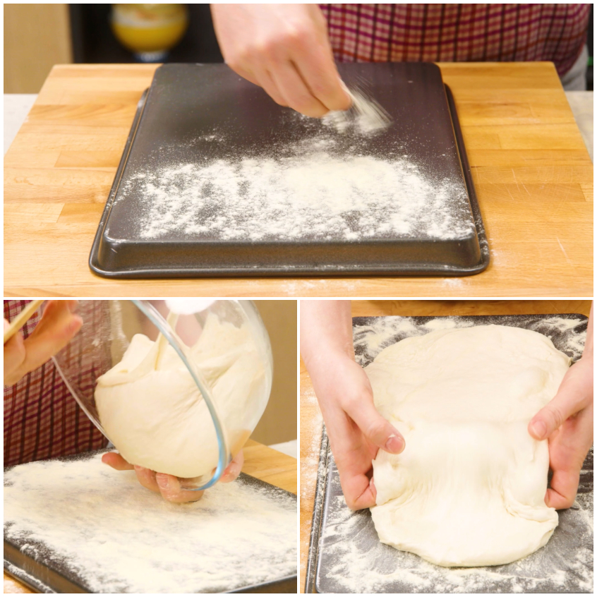 Impasto pizza bianca steso su una teglia da forno rovesciate e infarinata.