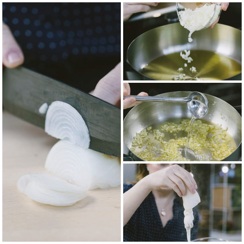 Cipolla affettata sul tagliere, poi tritata e rosolata in padella con aglio; una mano aggiunge liquido con il mestolo