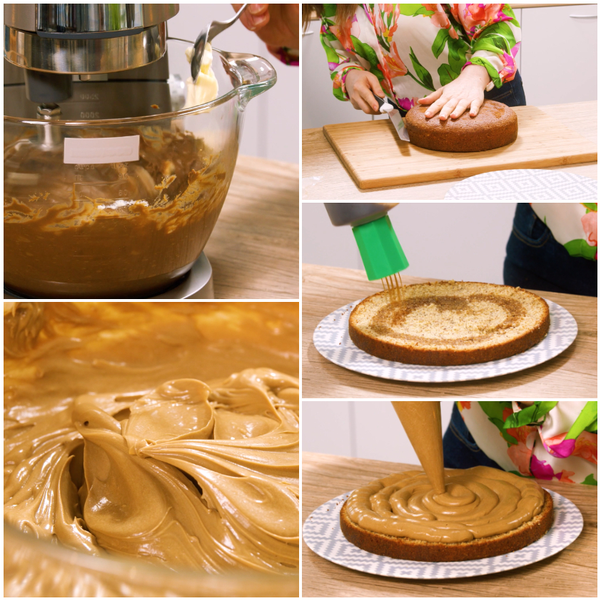 Crema al caffè montata versata a spirale sul disco di pan di spagna inzuppato