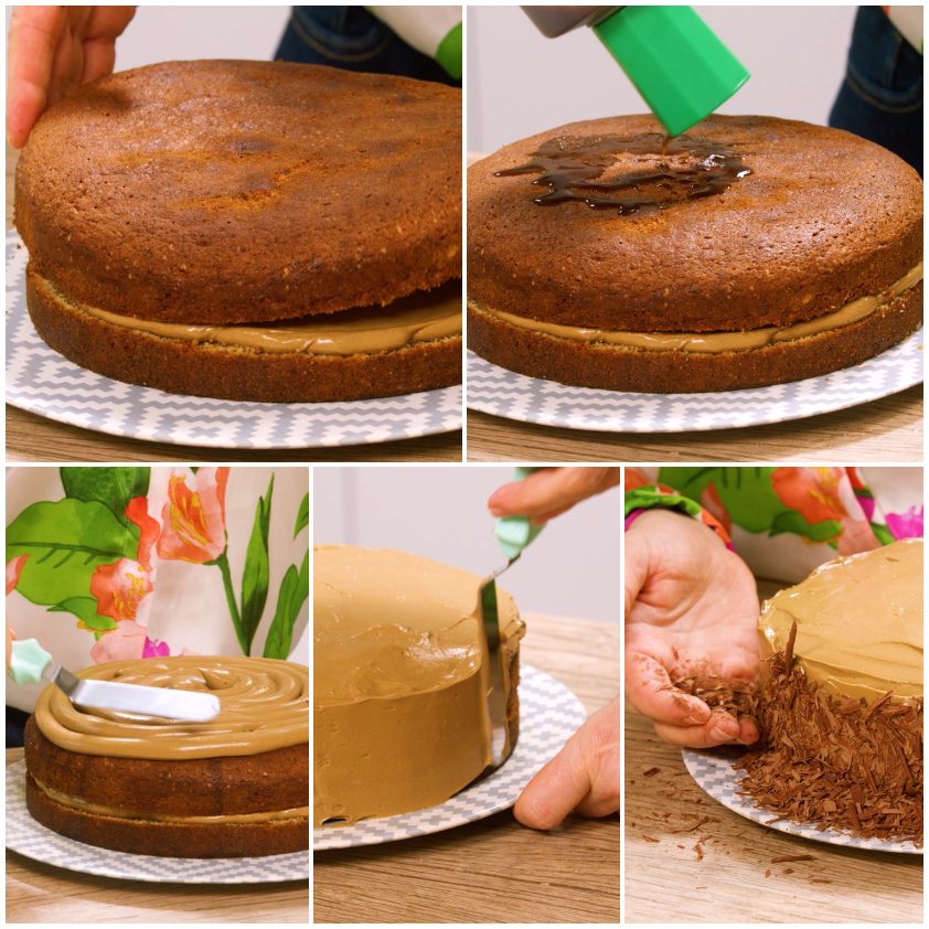 Farcitura e assemblaggio della torta moka con crema al caffè e scaglie di cioccolato fondente